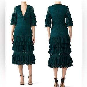 Saylor Emerald Green Lace Millie Dress Ruffle Midi sz: M